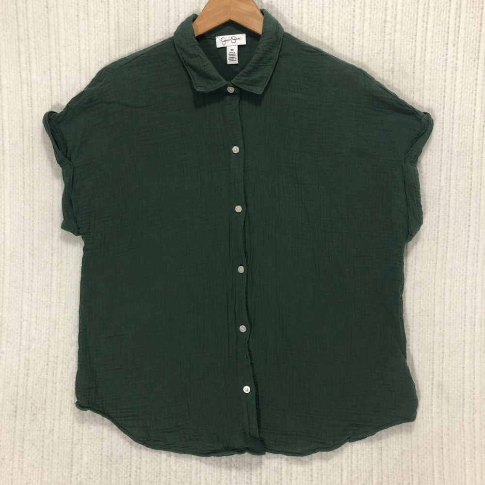 Jessica Simpson Womens Forest Green Cotton Gauze Short Sleeve Button Down M - Picture 3 of 8